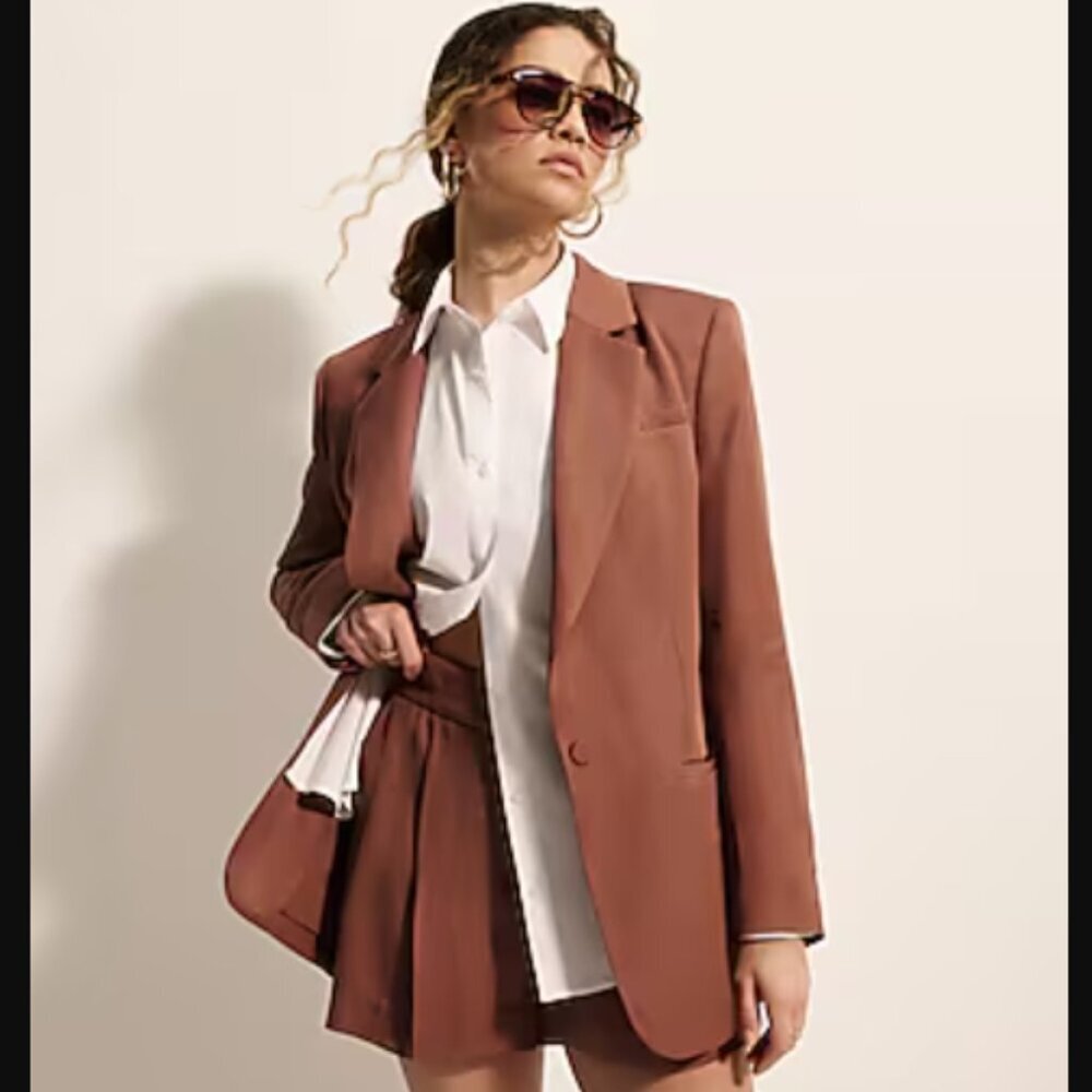NWT Linen-Blend One Button Cinched Boyfriend Blazer, Chocolate Brown, XL